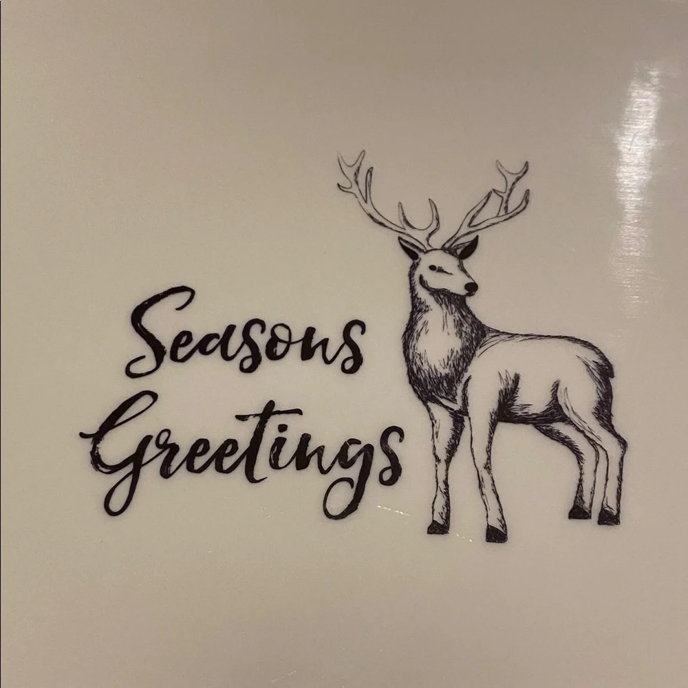 American Atelier Season's Greetings Oval Platter - White with Deer. Ceramic.